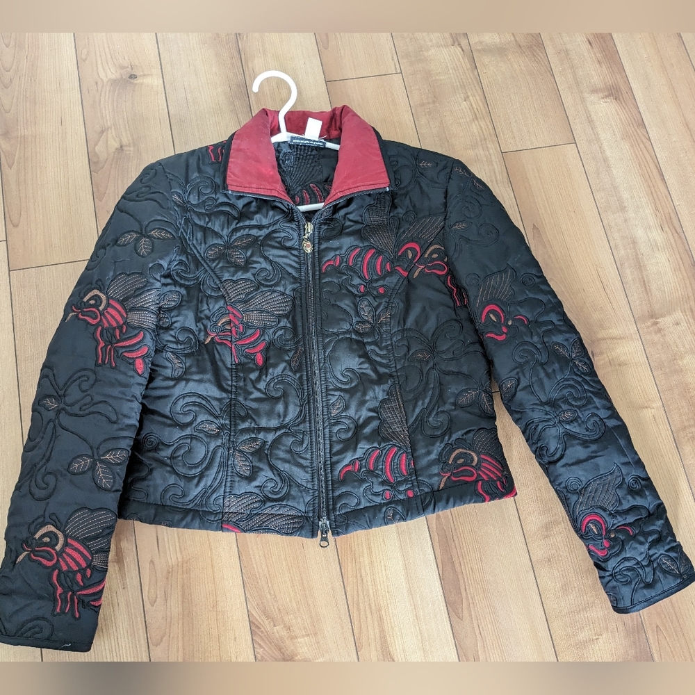Joseph Ribkoff Quilted Floral Veston Jacket Embroidered Full Zip Black Size US 8